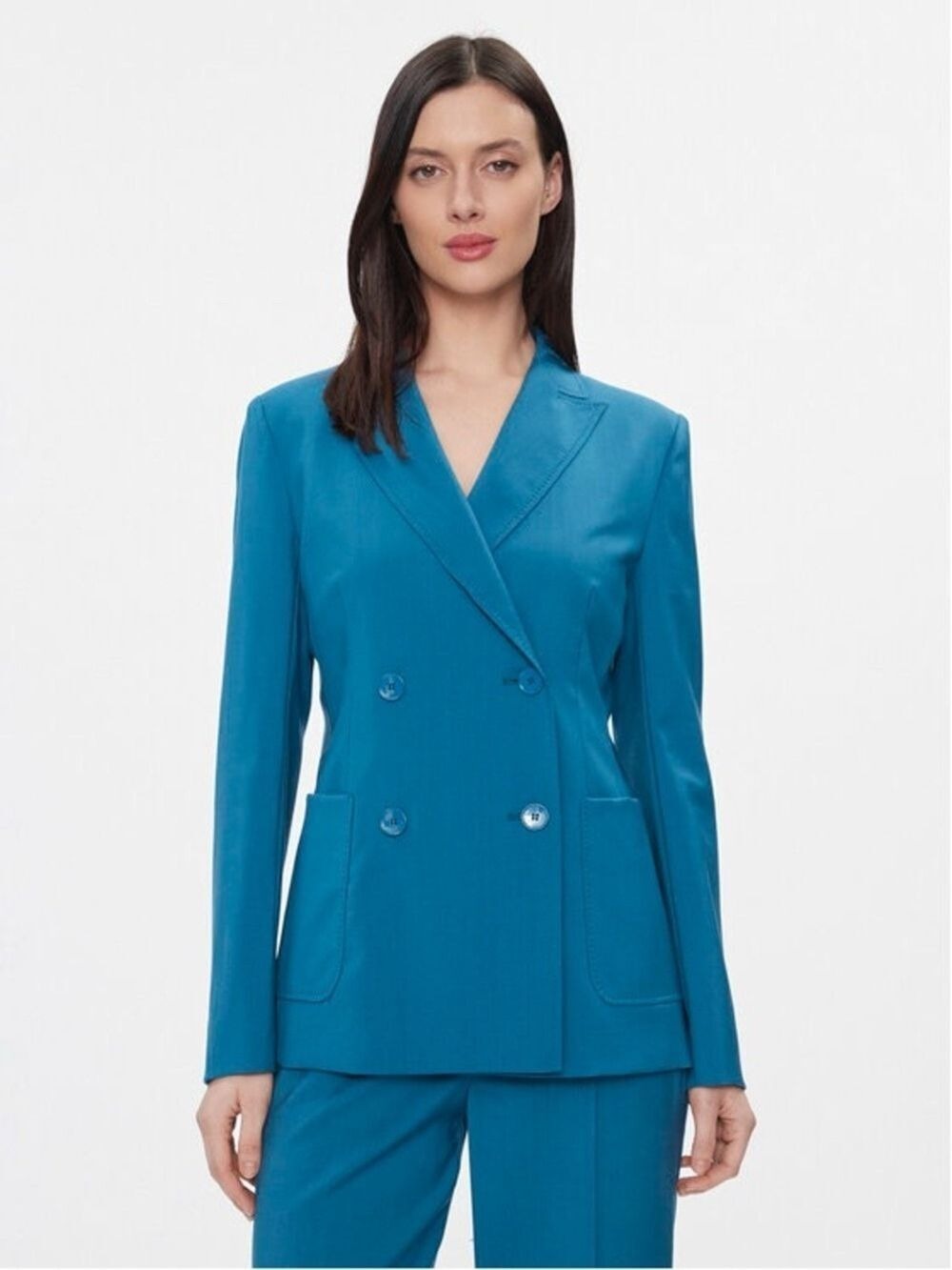 Weekend MaxMara Norvoso Wool Double-Breasted Blazer Size 12 Teal Blue